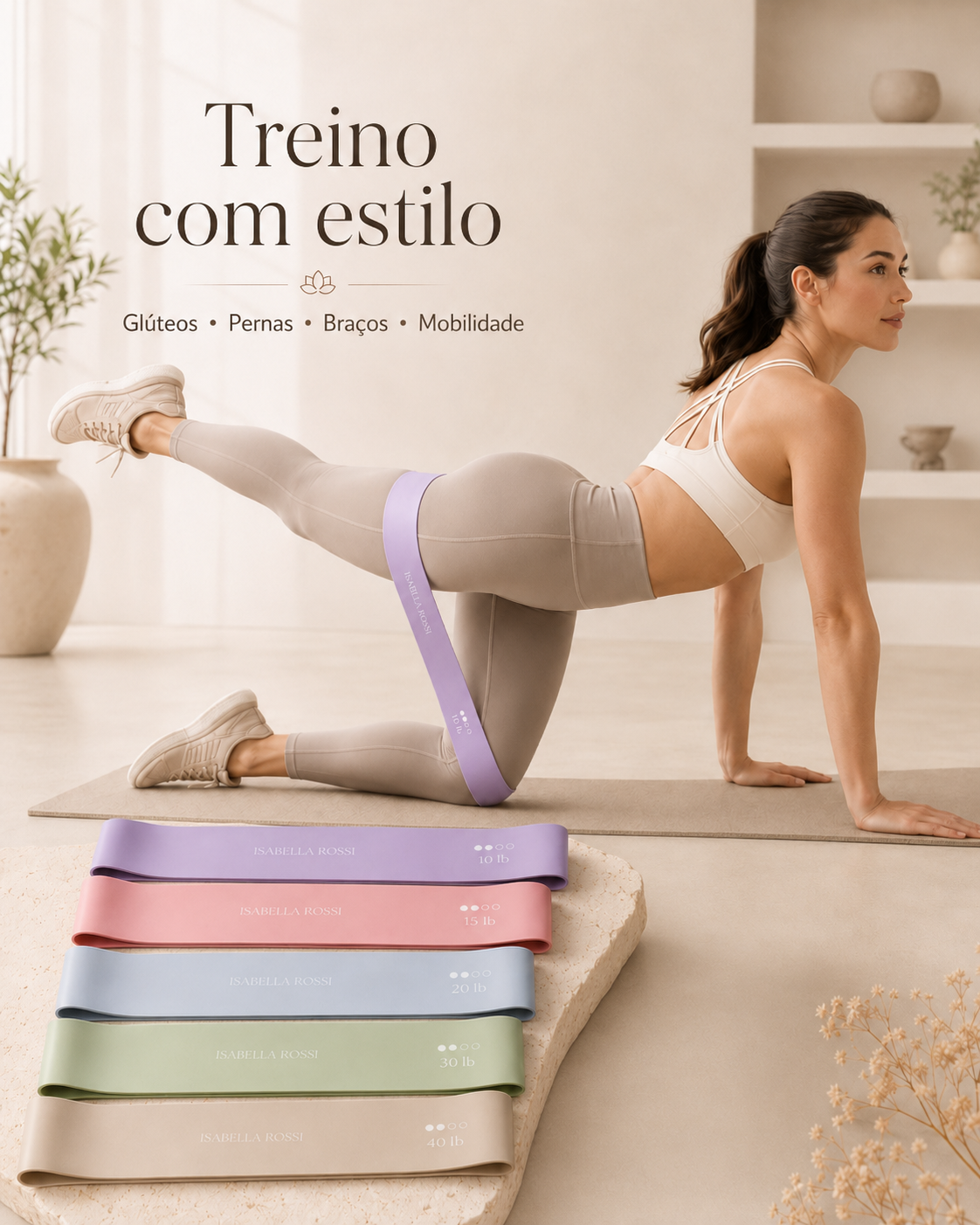 Mulher treinando glúteos com faixa elástica de resistência