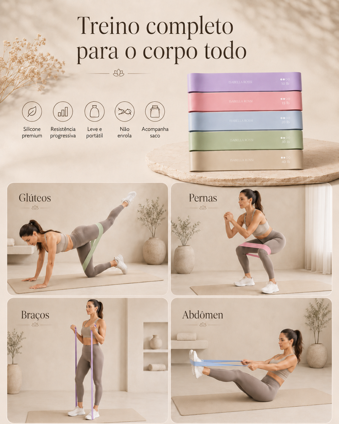 Exercícios para glúteos pernas braços e abdômen com faixas elásticas